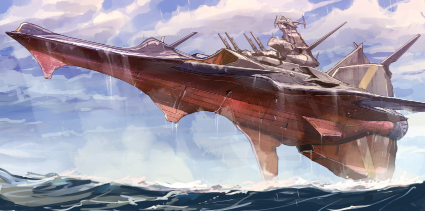 absurdres akasaai cannon cloud dripping flying fushigi_no_umi_no_nadia highres nautilus_(nadia) no_humans ocean submarine water watercraft