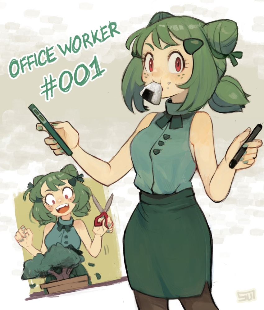 1girl bangs bonsai bulbasaur cowboy_shot double_bun food food_in_mouth freckles gen_1_pokemon green_hair green_shirt green_skirt highres leaf looking_at_viewer multiple_views onigiri pantyhose pencil_skirt personification pokemon red_eyes scissors shirt short_ponytail skirt sleeveless sleeveless_shirt sui_(suizilla)