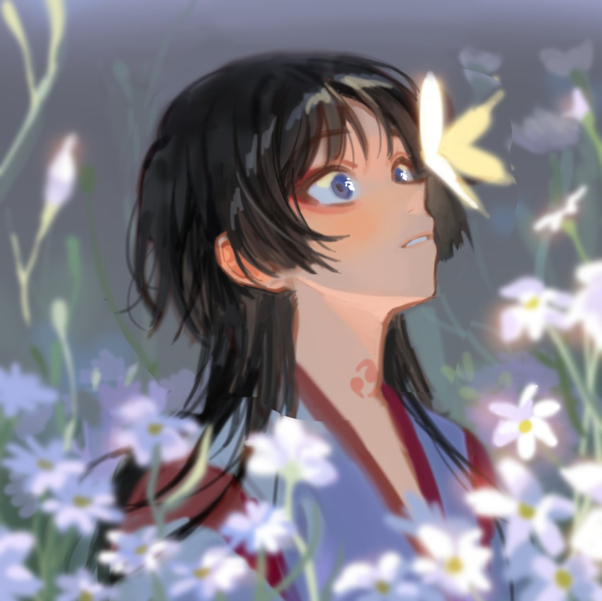 1boy alternate_hair_length alternate_hairstyle bangs black_hair blue_eyes bug butterfly butterfly_on_nose eyebrows_visible_through_hair eyeliner flower genshin_impact highres japanese_clothes long_hair looking_at_animal looking_up makeup parted_lips scaramouche_(genshin_impact) sidelocks solo tomoe_(symbol) white_flower yai_sea_ball