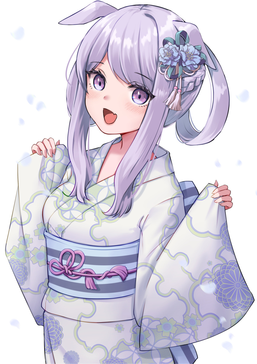 1girl :d absurdres animal_ears braid eyebrows_visible_through_hair floral_print flower hair_between_eyes hair_flower hair_ornament hands_up highres horse_ears horse_girl japanese_clothes kimono light_blush light_purple_eyes light_purple_hair lilith_degree mejiro_mcqueen_(umamusume) open_mouth petals robe sidelocks simple_background smile solo tassel tied_hair umamusume upper_body white_background white_kimono