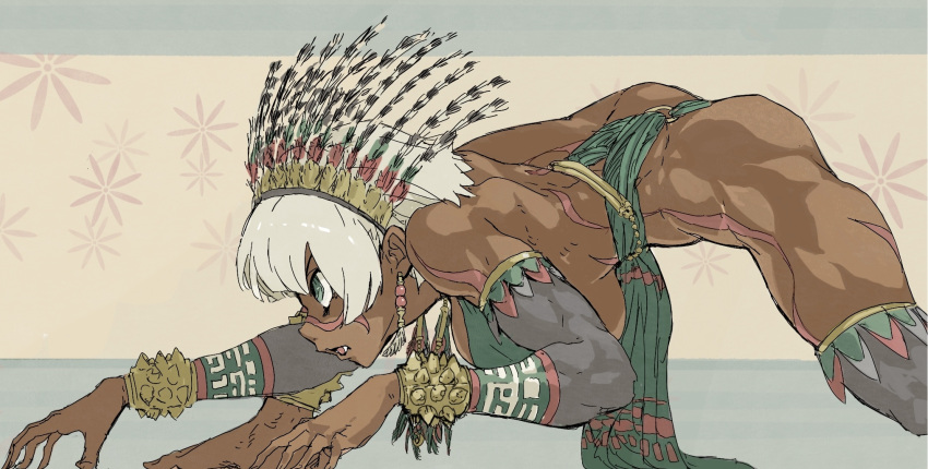 1girl asatsuki_(cookie) aztec back bangs barefoot bracelet bracer breasts commentary_request cookie_(touhou) dark-skinned_female dark_skin earrings fang foot_out_of_frame green_eyes headdress highres jewelry konpaku_youmu large_breasts light_brown_hair looking_afar muscular muscular_female o-ring o-ring_bottom open_mouth pelvic_curtain short_hair solo spiked_bracelet spikes squatting touhou tribal yma