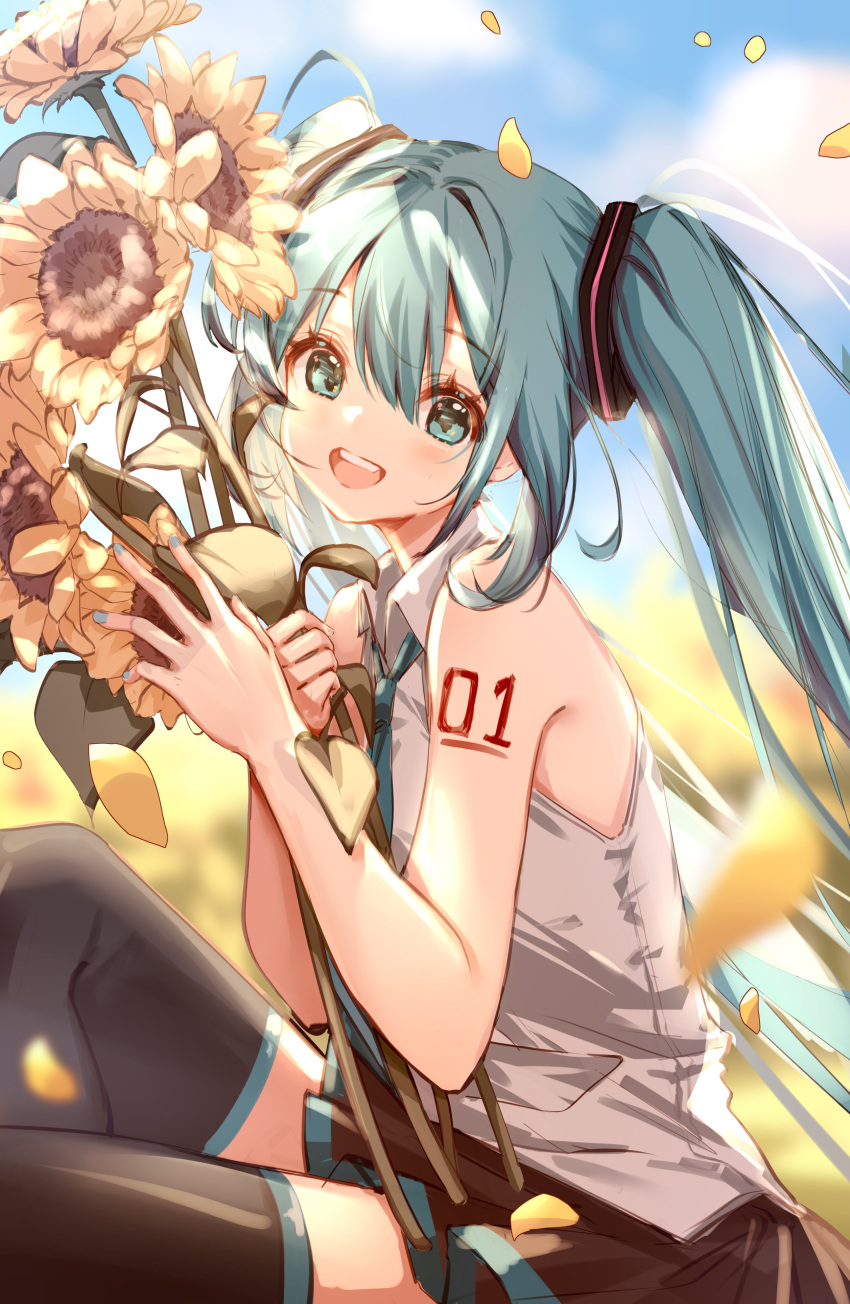 1girl :d absurdres aqua_eyes aqua_hair aqua_neckwear arm_tattoo black_legwear black_skirt blurry clouble commentary_request depth_of_field flower grin hair_between_eyes hatsune_miku highres holding holding_flower knee_up looking_at_viewer necktie open_mouth outdoors petals pleated_skirt shirt sitting skirt sleeveless sleeveless_shirt smile solo sunflower tattoo teeth thighhighs twintails vocaloid white_shirt yellow_flower