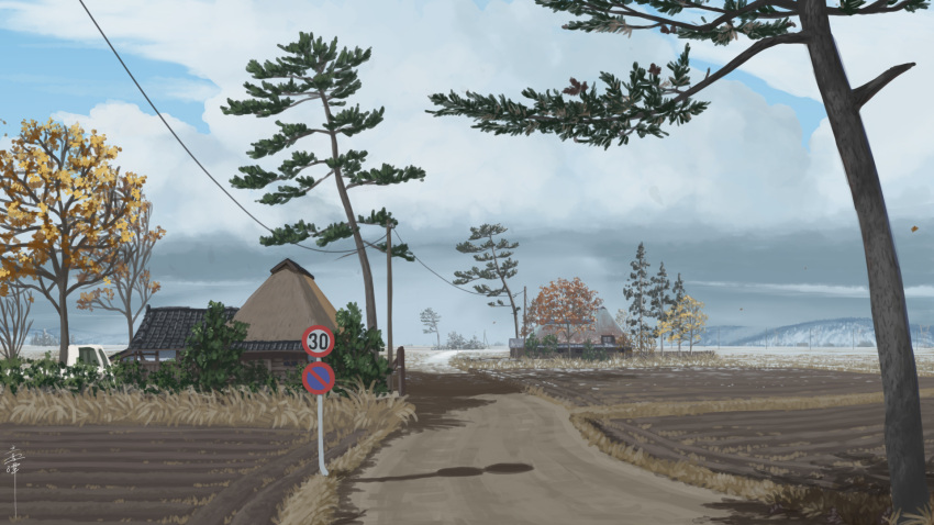 autumn building chinese_commentary cloud cloudy_sky commentary_request day farm field grass ground_vehicle highres hill house motor_vehicle no_humans original plant power_lines road road_sign rural scenery shadow sign signature sky snow tateyuki tree truck utility_pole