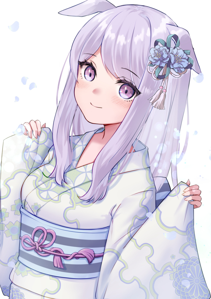 1girl absurdres animal_ears eyebrows_visible_through_hair flower hair_between_eyes hair_flower hair_ornament hands_up highres horse_ears horse_girl japanese_clothes kimono light_blush light_purple_eyes light_purple_hair lilith_degree mejiro_mcqueen_(umamusume) petals robe sidelocks simple_background smile solo tassel umamusume upper_body white_background white_kimono