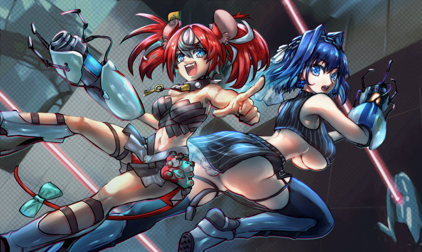 2girls animal_ears aperture_science_handheld_portal_device ass black_legwear blue_eyes blue_hair blush bow bow_earrings breasts crop_top dgrp_(minhduc12333) earrings hair_intakes hakos_baelz head_chain highres hololive hololive_english jewelry key_necklace large_breasts leg_up looking_at_viewer medium_breasts midriff miniskirt mouse_ears mouse_girl mouse_tail mousetrap multiple_girls navel open_mouth ouro_kronii portal_(series) portal_2 red_hair short_hair skirt sleeveless sleeveless_sweater smile spikes sweater tail tail_bow tail_ornament thighhighs turret_(portal) turtleneck turtleneck_sweater twintails underboob virtual_youtuber