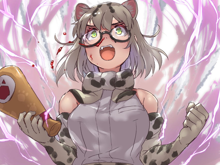 1girl animal_ear_fluff animal_ears bangs bare_shoulders black-framed_eyewear blood bow bowtie cat_ears clenched_hand elbow_gloves electricity extra_ears fangs glasses gloves green_eyes grey_hair highres kemono_friends kemono_friends_3 looking_away margay_(kemono_friends) margay_print megaphone nosebleed open_mouth print_bow print_gloves print_neckwear semi-rimless_eyewear shirt short_hair sleeveless sleeveless_shirt solo tadano_magu under-rim_eyewear upper_body white_shirt