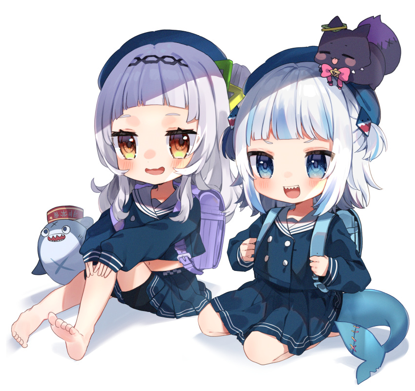 2girls :d absurdres animal backpack bag bangs barefoot beret black_hairband black_shorts bloop_(gawr_gura) blue_eyes blue_hair blue_headwear blue_serafuku blue_shirt blue_skirt blush brown_eyes commentary_request feet fish_tail fox gawr_gura hair_ornament hairband hat highres holding_strap hololive hololive_english huge_filesize long_sleeves multicolored_hair multiple_girls murasaki_shion noi_mine open_mouth pleated_skirt puffy_long_sleeves puffy_sleeves sailor_collar shark shark_tail sharp_teeth shirt short_shorts shorts shorts_under_skirt skirt sleeves_past_wrists smile soles streaked_hair tail teeth toes two_side_up virtual_youtuber wavy_mouth white_hair white_sailor_collar younger