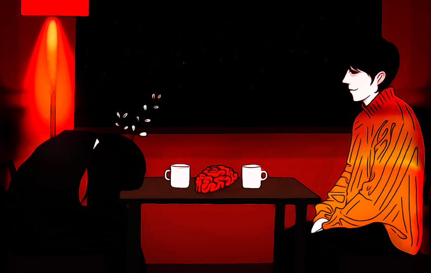 1boy 1other abstract anh_konge brain coffee_mug coffee_table cup head_on_table highres indoors mug orange_sweater plant_on_head red_theme sitting smile sweater table