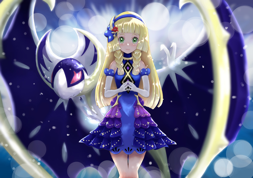 1girl absurdres bangs blonde_hair blue_dress blunt_bangs braid dress elbow_gloves gen_7_pokemon gloves green_eyes highres howaito_gyuunyuu huge_filesize legendary_pokemon lillie_(pokemon) long_hair lunala official_alternate_costume pokemon pokemon_(creature) pokemon_(game) pokemon_masters_ex twin_braids