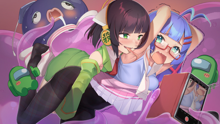 2girls ahoge among_us argyle argyle_legwear arms_up bangs between_legs black_legwear blue_hair blunt_bangs blush blush_stickers breast_grab brown_hair cellphone clothes_lift crewmate_(among_us) crying detached_sleeves eel_hat fang grabbing green_eyes green_skirt hair_ornament hairclip hand_between_legs headphones highres holding holding_phone kyoumachi_seika licking licking_armpit lifted_by_another long_hair long_tongue multiple_girls necktie otomachi_una pantyhose parutoneru pencil_skirt phone pink_skirt pleated_skirt red-framed_eyewear red_neckwear selfie semi-rimless_eyewear sharp_teeth short_hair skin_fang skirt skirt_lift smartphone taking_picture talkex teeth thumbs_up tongue under-rim_eyewear very_long_tongue voiceroid