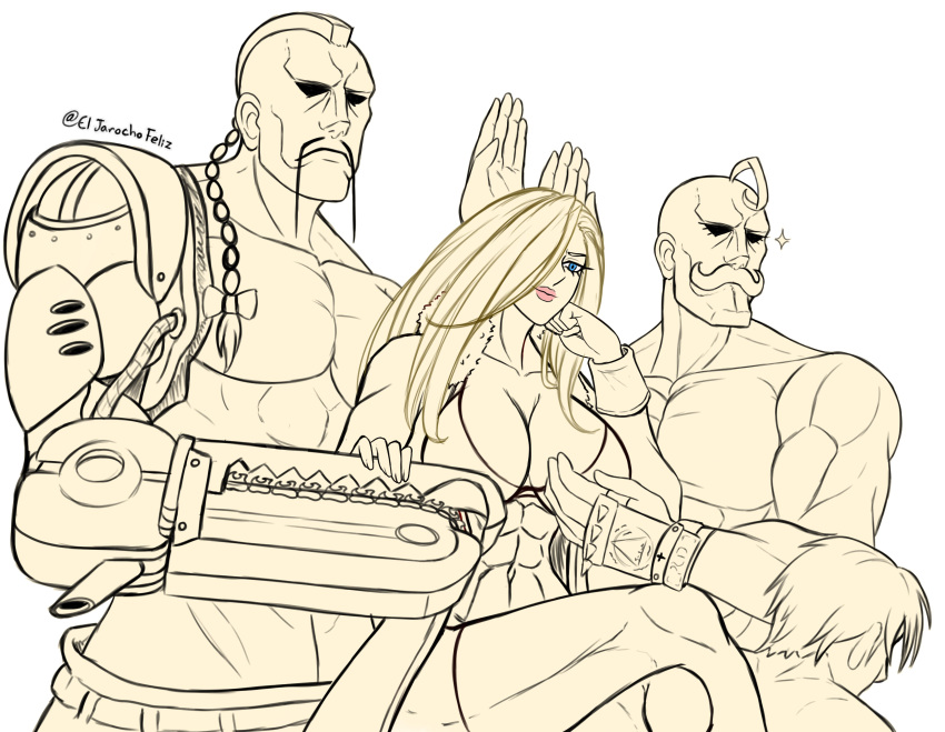 1girl 3boys absurdres alex_louis_armstrong aphrodite_(shuumatsu_no_valkyrie) blonde_hair blue_eyes buccaneer_(fma) el_jarocho_feliz facial_hair fullmetal_alchemist fur_trim highres holding mechanical_arms meme multiple_boys muscular mustache olivier_mira_armstrong roy_mustang shuumatsu_no_valkyrie