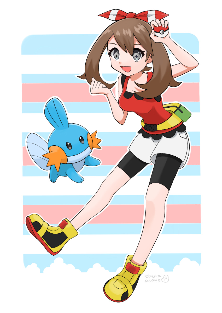 +_+ 1girl :d artist_name bangs bare_shoulders bike_shorts bike_shorts_under_shorts black_shorts bow brown_hair commentary_request ebiura_akane fanny_pack full_body gen_3_pokemon grey_eyes hair_bow highres holding holding_poke_ball may_(pokemon) mudkip open_mouth poke_ball pokemon pokemon_(creature) pokemon_(game) pokemon_oras red_shirt shirt shoes shorts sleeveless sleeveless_shirt smile white_shorts yellow_footwear