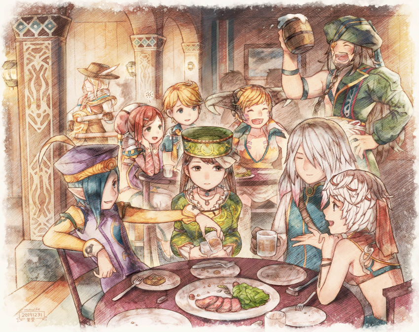 aisha_(saga) albert_(romancing_saga) barbara_(romancing_saga) blonde_hair breasts brown_hair chair claudia_(saga) dated food gray_(saga) green_eyes hat hawke_(romancing_saga) highres jamil_(romancing_saga) long_hair mai_(tsupiem) meat medium_breasts multiple_boys multiple_girls open_mouth romancing_saga romancing_saga_minstrel_song saga short_hair sif_(romancing_saga) smile table