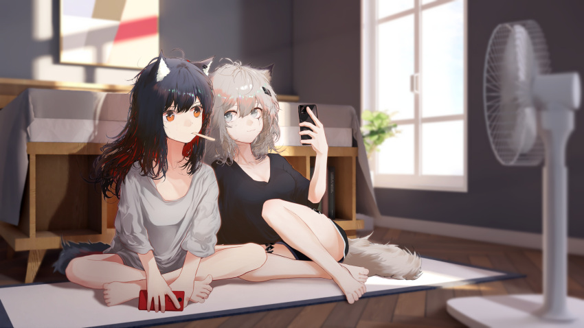 2girls ahoge alternate_costume animal_ear_fluff animal_ears arknights barefoot black_hair black_shirt black_shorts blurry blurry_background cellphone colored_inner_hair commentary_request electric_fan food grey_hair hair_ornament hairclip highres holding holding_phone indian_style indoors korean_commentary lappland_(arknights) messy_hair mixed-language_commentary mouth_hold multicolored_hair multiple_girls orange_eyes oripathy_lesion_(arknights) phone popsicle red_hair runamonet scar scar_across_eye shirt shorts sitting smartphone tail texas_(arknights) white_shirt window wolf_ears wolf_girl wolf_tail