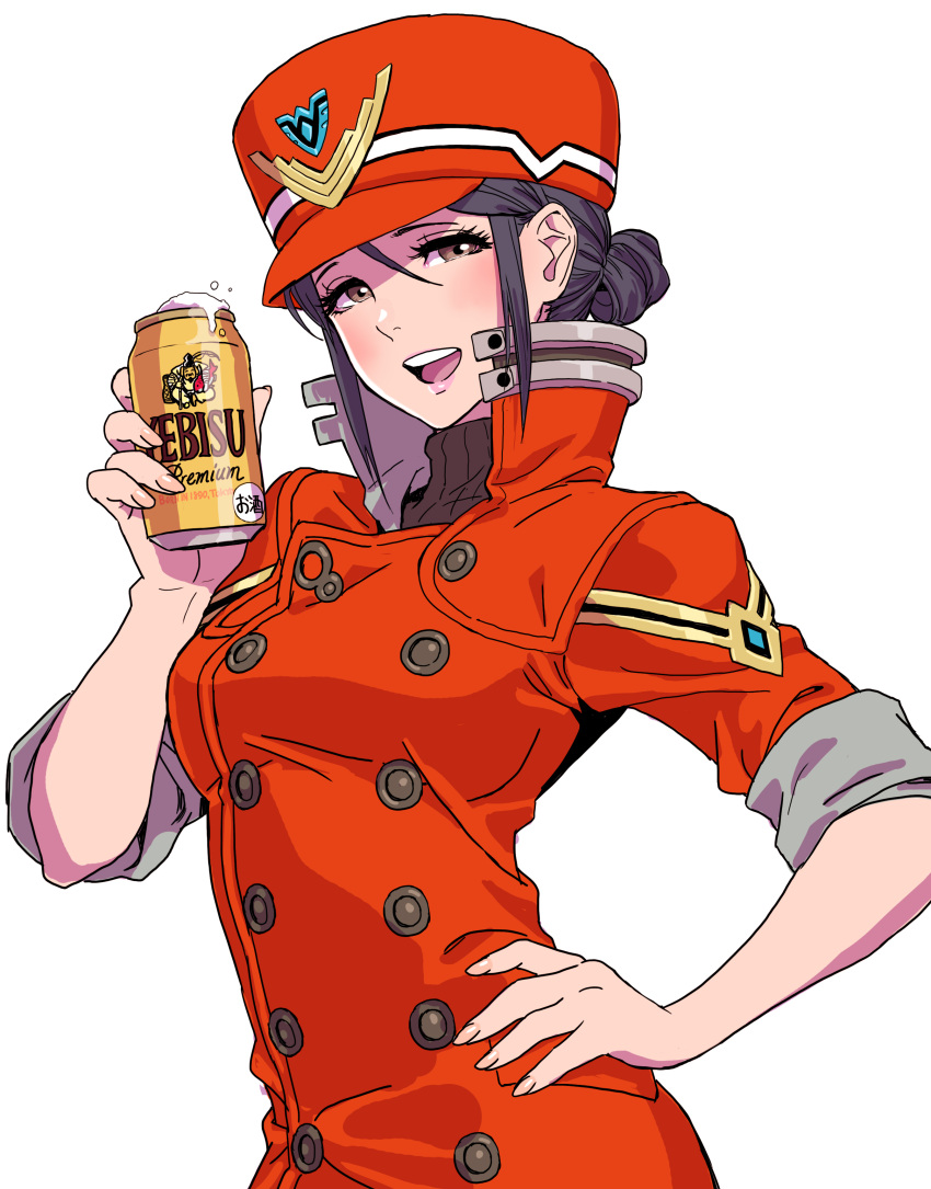 1girl absurdres alcohol alternate_costume beer beer_can black_sweater breasts brown_eyes can evangelion:_3.0_you_can_(not)_redo hair_behind_ear hair_between_eyes hair_bun highres holding holding_can jacket katsuragi_misato medium_breasts neon_genesis_evangelion rebuild_of_evangelion red_headwear red_jacket ribbed_sweater smile solo sweater upper_body yamashita_shun'ya