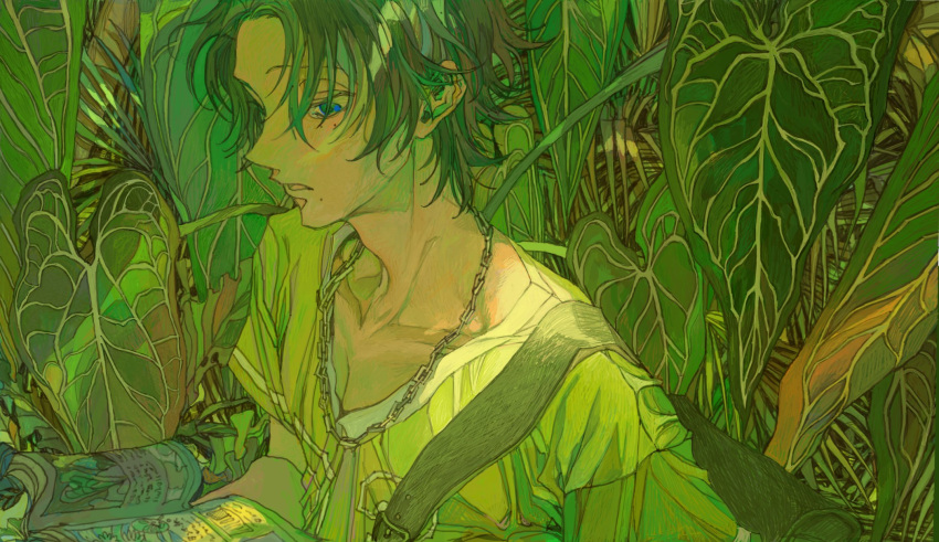 1boy bangs blue_eyes book brown_hair chain_necklace collarbone collared_shirt green_background green_shirt highres holding holding_book hypnosis_mic jewelry leaf leaf_background looking_down mole mole_under_eye mole_under_mouth n_uu_nn necklace open_mouth plant reading shirt short_hair solo upper_body yamada_jirou