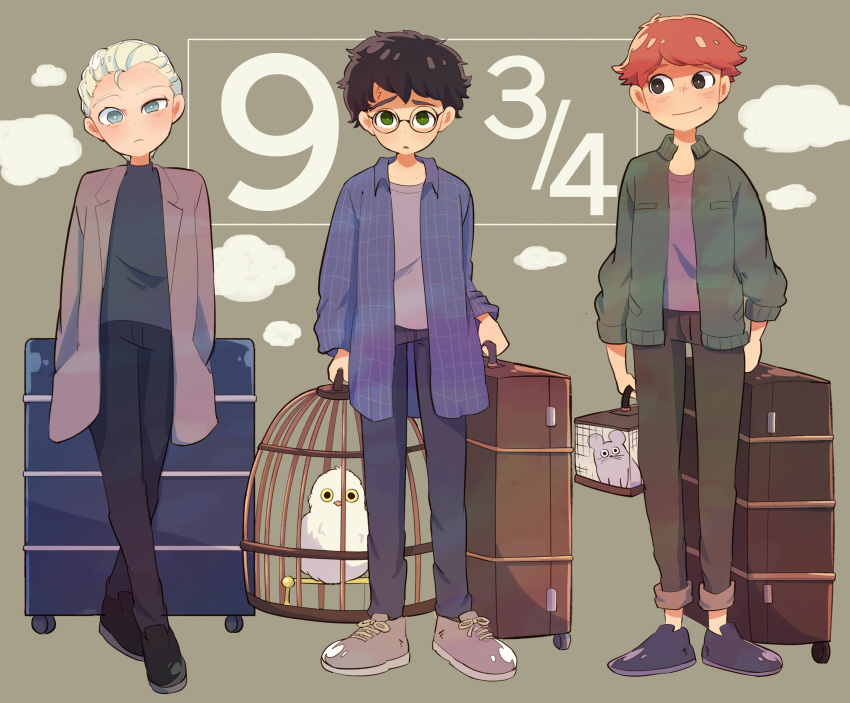 3boys amazou bird black_hair blonde_hair blue_eyes cage draco_malfoy glasses green_eyes harry_james_potter harry_potter harry_potter_and_the_philosopher's_stone hedwig highres holding holding_suitcase jacket luggage multiple_boys orange_hair owl rat rolling_suitcase ron_weasley scabbers scar scar_on_forehead short_hair smile suitcase turtleneck