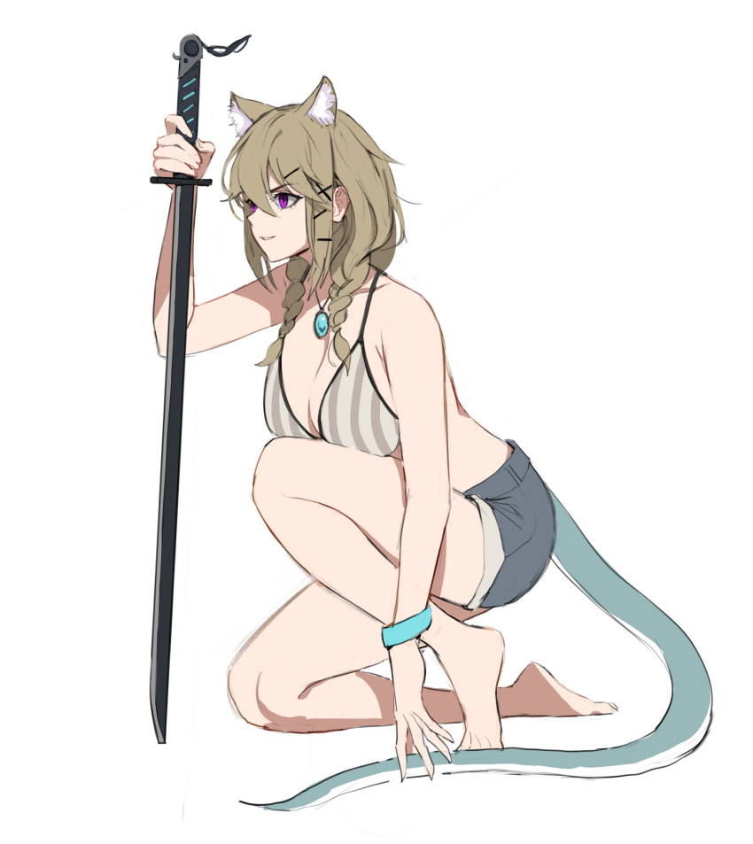 1girl animal_ears arknights bare_legs barefoot bikini blue_shorts braid breasts cleavage commentary extra_ears full_body grey_bikini grin hair_between_eyes hair_ornament hairclip highres holding holding_sword holding_weapon jason_kim jewelry katana kneeling large_breasts light_brown_hair medium_hair necklace official_alternate_costume one_knee pendant purple_eyes short_shorts shorts simple_background slit_pupils smile solo striped swimsuit sword tail twin_braids utage_(arknights) utage_(summer_flowers)_(arknights) vertical-striped_bikini vertical_stripes weapon white_background wristband x_hair_ornament