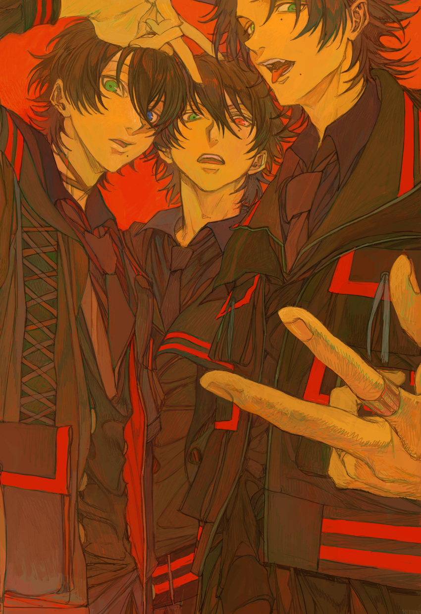 3boys :p absurdres bangs black_footwear black_neckwear black_pants blue_eyes blue_shirt brothers brown_hair collarbone collared_shirt eyebrows_visible_through_hair fingernails green_eyes hair_between_eyes highres hypnosis_mic jacket jewelry layered_sleeves looking_at_viewer mole mole_under_eye mole_under_mouth multicolored multicolored_eyes multiple_boys n_uu_nn necktie open_clothes open_jacket open_mouth pants red_background red_eyes ring serious shirt short_hair siblings simple_background standing tongue tongue_out v yamada_ichirou_(hypnosis_mic) yamada_jirou yamada_saburou