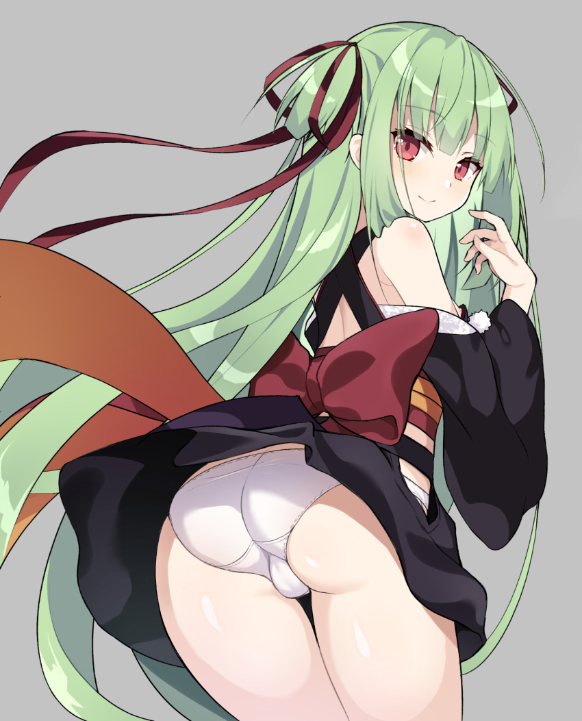 1girl ass black_kimono from_behind grey_background hand_to_own_mouth highres japanese_clothes kimono long_hair looking_back minatsuki_kou murasame_(senren) obi panties red_eyes ribbon sash senren_banka simple_background smile solo thigh_gap thighs trefoil two_side_up underwear very_long_hair white_panties wind wind_lift yuzu-soft