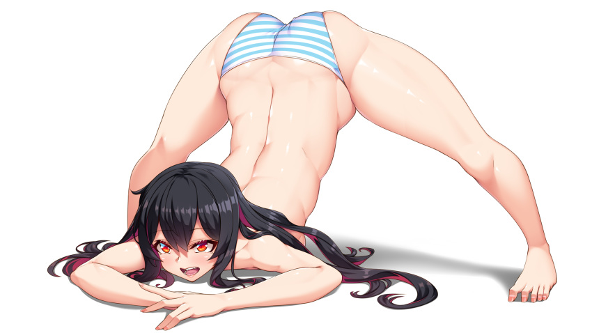 1girl arata arm_support ass back bangs bare_legs barefoot black_hair blue_panties blush breasts eyebrows_visible_through_hair full_body genderswap genderswap_(mtf) highres jack-o'_challenge long_hair medium_breasts multicolored_hair open_mouth panties purple_hair red_eyes ren_(witch's_weapon) sideboob simple_background solo spread_legs striped striped_panties top-down_bottom-up topless two-tone_hair underwear white_background witch's_weapon