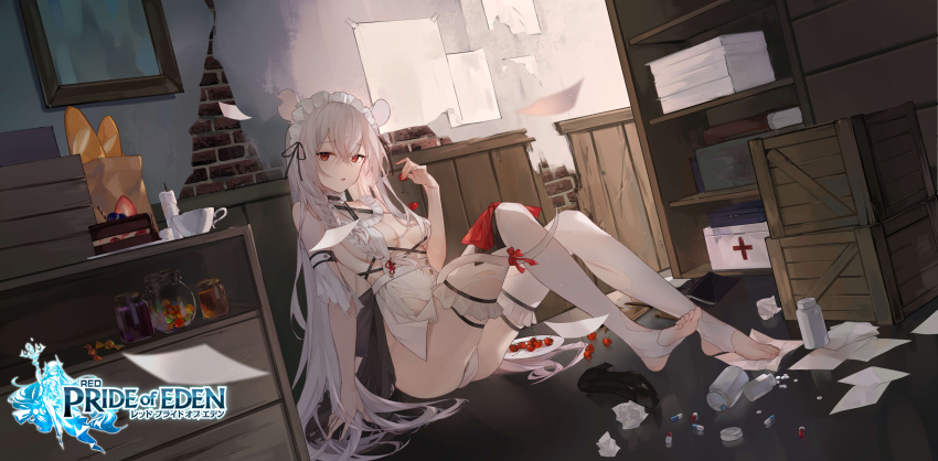 animal_ears braids breasts cake cherry food fruit gray_hair headband logo long_hair lunaplum mousegirl no_bra paper red:_pride_of_eden red_eyes tagme_(character) tail