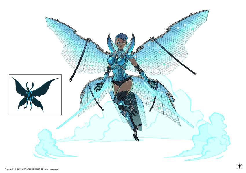 1girl absurdres apoloniodraws ben_10 ben_10:_alien_force big_chill claws cloak_removed cold dark-skinned_female dark_skin earrings genderswap genderswap_(mtf) heterochromia highres ice jewelry mechanical_legs omnitrix reference_inset see-through short_hair sword tattoo weapon wings