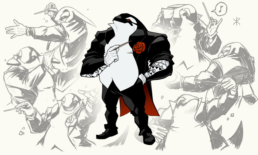 absurdres apoloniodraws baton_(instrument) black_footwear black_pants black_suit conductor eighth_note english_commentary flower formal gloves highres multiple_views music musical_note open_mouth orca orchestra original pants personification red_eyes red_flower rose singing spoken_musical_note suit tattoo white_gloves