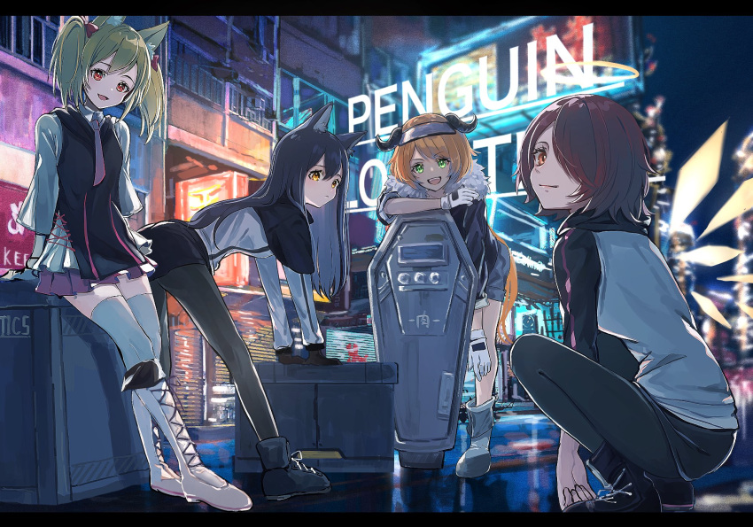 4girls animal_ear_fluff animal_ears arknights arm_support black_capelet black_footwear black_gloves black_hair black_jacket black_legwear black_shirt black_shorts blonde_hair boots capelet city closed_mouth commentary cow_horns croissant_(arknights) energy_wings expressionless exusiai_(arknights) eyebrows_visible_through_hair fur-trimmed_jacket fur_trim gloves green_eyes hair_over_one_eye halo highres horns jacket knee_boots leaning_forward leaning_on_object letterboxed long_hair looking_at_viewer multiple_girls nanaponi necktie night one_eye_covered open_mouth orange_eyes orange_hair outdoors pantyhose penguin_logistics_(arknights) pink_neckwear pleated_skirt purple_skirt red_hair riot_shield shield shirt shoes short_hair shorts skirt smile sora_(arknights) squatting standing texas_(arknights) thighhighs twintails visor_cap white_footwear white_gloves white_jacket white_legwear white_shirt wolf_ears