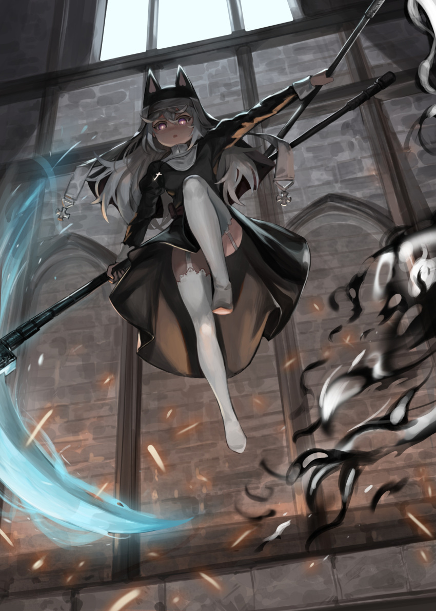 1girl action animal_ears boots cat_ears commentary_request dark_souls_(series) dark_souls_iii dokomon dress dual_wielding garter_straps girls'_frontline habit highres holding holding_scythe holding_weapon indoors jumping korean_commentary light_rays long_hair long_sleeves looking_at_viewer p7_(girls'_frontline) purple_eyes scythe sister_friede solo symbol-shaped_pupils thigh_boots thighhighs weapon white_hair white_legwear