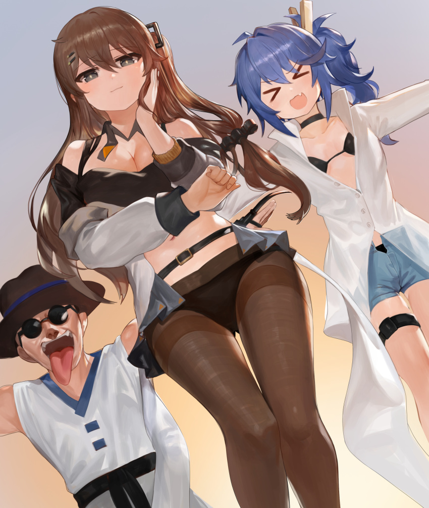 &gt;_&lt; 1boy 2girls :d absurdres black_panties blue_hair breasts brown_hair choi_bounge cleavage commentary_request crossover dokomon dutch_angle fang girls'_frontline hair_ornament hat highres k11_(girls'_frontline) k2_(girls'_frontline) korean_commentary large_breasts long_hair looking_at_viewer messy_hair multiple_girls nationality_connection navel one_side_up open_mouth panties panties_under_pantyhose pantyhose shorts side_ponytail skin_fang smile sunglasses the_king_of_fighters tongue underwear