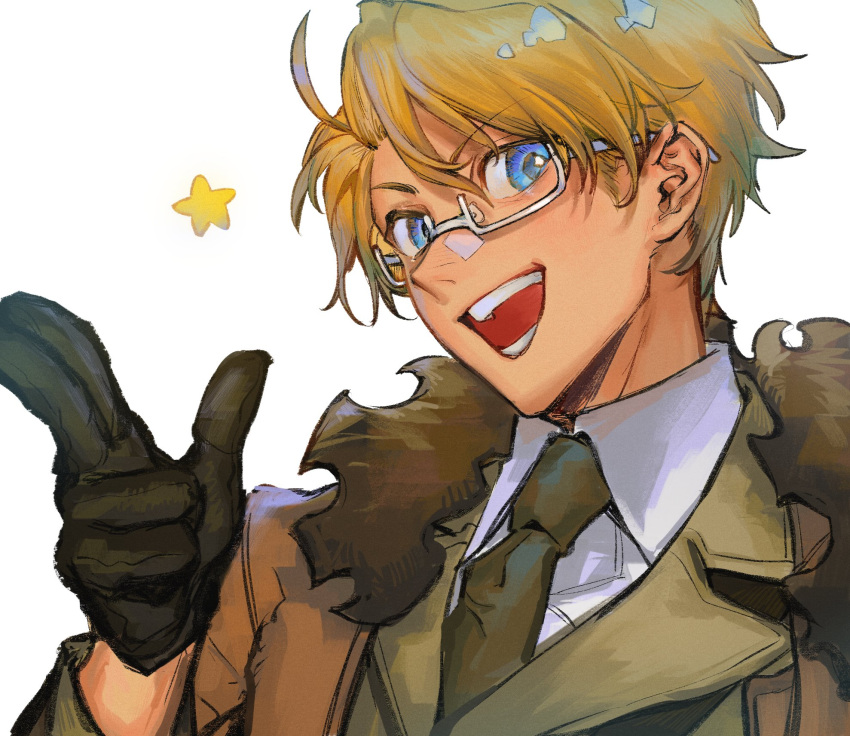 1boy ahoge america_(hetalia) axis_powers_hetalia bandaid bandaid_on_nose bangs bibabunie black_gloves blonde_hair blue_eyes brown_jacket eyebrows_visible_through_hair fur-trimmed_jacket fur_trim glasses gloves green_neckwear hair_between_eyes highres jacket looking_at_viewer male_focus necktie open_mouth simple_background solo star_(symbol) upper_body white_background