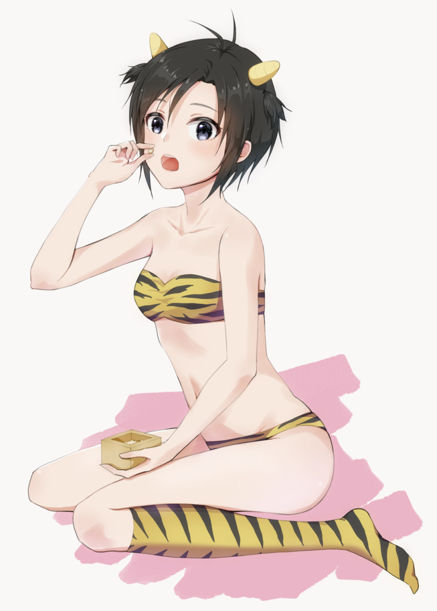 1girl animal_print antenna_hair bandeau bangs bare_shoulders bean bikini black_eyes black_hair black_hairband breasts collarbone commentary cosplay cup eating food full_body hairband highres holding holding_cup holding_food horns idolmaster idolmaster_(classic) idolmaster_2 kikuchi_makoto kneehighs looking_at_viewer lum lum_(cosplay) midriff mogskg navel open_mouth pink_background short_hair sitting small_breasts solo strapless strapless_bikini swimsuit tiger_print two_side_up very_short_hair wariza white_background yellow_bikini yellow_legwear