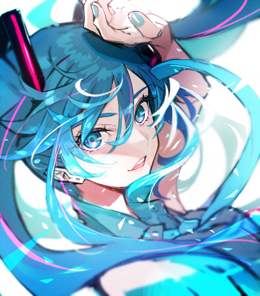 1girl aqua_eyes aqua_hair aqua_nails aqua_neckwear arm_up bangs bare_shoulders earrings eyebrows_visible_through_hair eyelashes fingernails hand_on_head hatsune_miku highres jewelry long_hair looking_at_viewer looking_back nail_polish necktie open_mouth pokimari simple_background sleeveless smile solo twintails upper_body vocaloid white_background