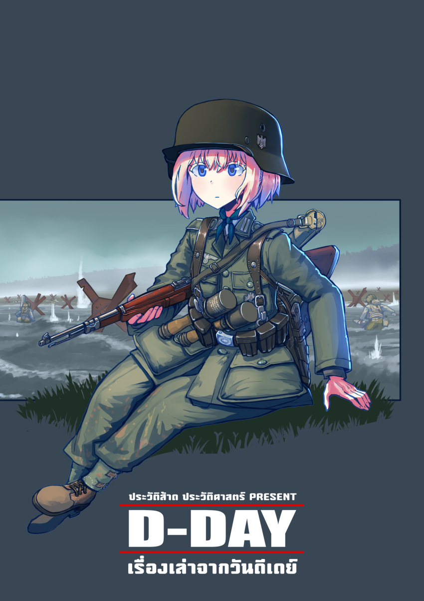 1girl absurdres blonde_hair blue_eyes bolt_action boots cover cover_page czech_hedgehog english_commentary erica_(naze1940) explosive green_jacket green_pants grenade gun helmet highres jacket long_sleeves mauser_98 military military_uniform original pants rifle short_hair solo_focus stahlhelm stielhandgranate swastika uniform weapon wehrmacht world_war_ii