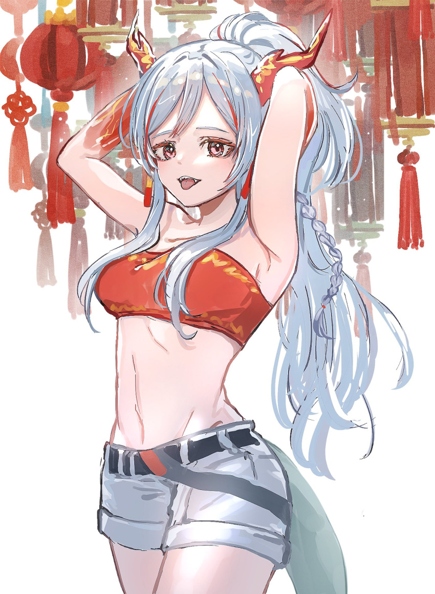 1girl arknights armpits arms_up bandeau bare_arms belt braid colored_skin commentary cowboy_shot dragon_horns dragon_tail fangs hands_in_hair highres horns lantern long_hair looking_at_viewer midriff multicolored_hair nanaponi nian_(arknights) open_mouth paper_lantern ponytail red_bandeau red_eyes red_hair red_horns red_skin red_tubetop shorts side_braid simple_background solo strapless streaked_hair tail tongue tongue_out tubetop white_background white_hair white_shorts