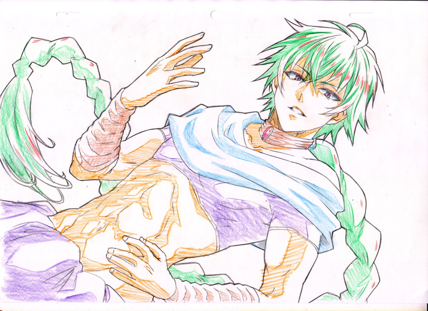 1boy abs braid brown_eyes collar colored_pencil_(medium) crop_top green_hair highres judal kawai_masaki long_hair magi_the_labyrinth_of_magic male_focus midriff single_braid solo traditional_media upper_body very_long_hair