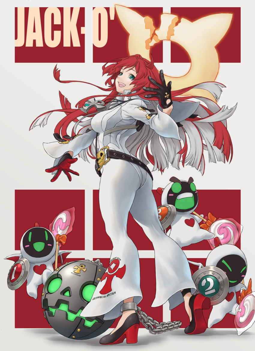 1girl absurdres ankh ball_and_chain_restraint bellbottoms bodysuit broken_halo crossbone_(rnhs5422) green_eyes guilty_gear guilty_gear_strive halo highres jack-o'_valentine long_hair red_hair skin_tight very_long_hair white_bodysuit