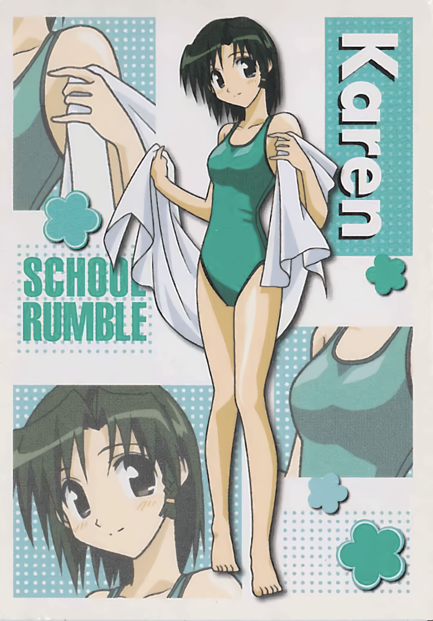 1girl absurdres black_eyes competition_swimsuit green_hair green_swimsuit highres ichijou_karen one-piece_swimsuit school_rumble shiny shiny_skin smile solo swimsuit