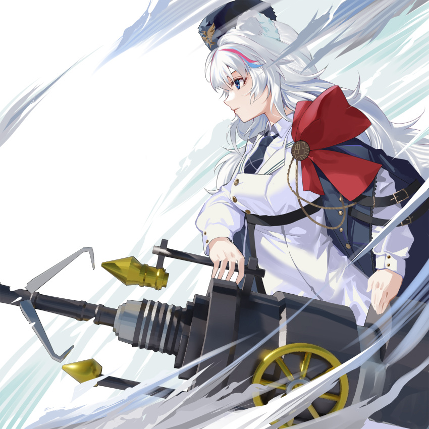 1girl animal_ears arknights bear_ears blue_eyes blue_hair blue_headwear blue_neckwear bow buttons chinese_commentary coat commentary_request from_side harpoon_gun hat highres holding holding_weapon hongbaise_raw long_hair multicolored_hair necktie red_bow red_hair rosa_(arknights) smoke solo streaked_hair upper_body ursus_empire_logo weapon white_background white_coat white_hair