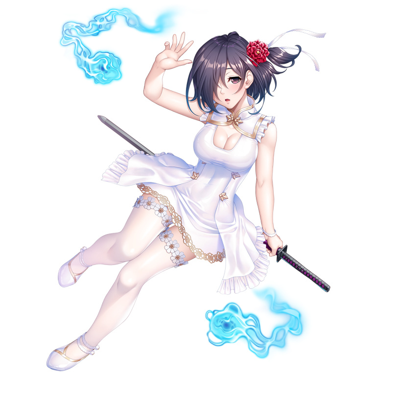 1girl black_hair blue_fire breasts cleavage commentary_request eyebrows_visible_through_hair fire flower full_body hair_flower hair_ornament hair_over_one_eye highres holding holding_sword holding_weapon katana large_breasts looking_at_viewer open_mouth sano_toshihide shoes short_hair simple_background sleeveless solo sword taimanin_rpgx thighhighs tongue weapon white_background zol