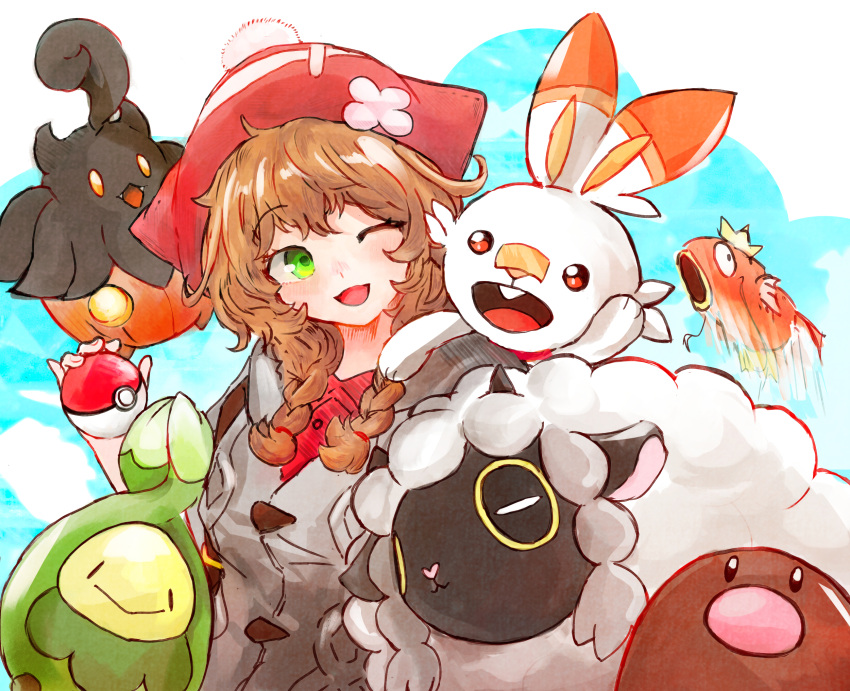 1girl black_eyes braid budew cosplay crossover diglett fangs flower gen_1_pokemon gen_4_pokemon gen_6_pokemon gen_8_pokemon gloria_(pokemon) gloria_(pokemon)_(cosplay) green_eyes grey_sweater hat highres holding holding_poke_ball kanino_omiso looking_to_the_side magikarp medium_hair nijisanji one_eye_closed open_mouth orange_eyes poke_ball poke_ball_(basic) pokemon pokemon_(creature) pokemon_(game) pokemon_swsh pumpkaboo red_headwear red_shirt scorbunny shirt smile solo_focus sweater twin_braids virtual_youtuber warabeda_meijii white_flower wooloo