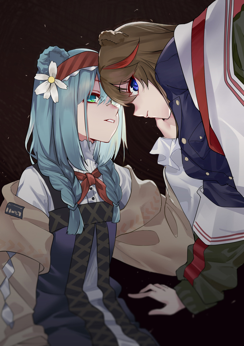 2girls animal_ears aqua_eyes aqua_hair arknights bear_ears beige_jacket blue_dress blue_eyes blue_shirt bow bowtie braid brown_hair chinese_commentary commentary_request dress eyebrows_visible_through_hair flower green_jacket hair_flower hair_ornament hairband hand_on_another's_face highres hongbaise_raw istina_(arknights) istina_(bibliosmia)_(arknights) jacket long_hair looking_at_viewer monocle multicolored_hair multiple_girls official_alternate_costume open_clothes open_jacket pince-nez red_hair red_hairband red_neckwear shirt sitting streaked_hair twin_braids white_flower yuri zima_(arknights) zima_(ready_to_go)_(arknights)
