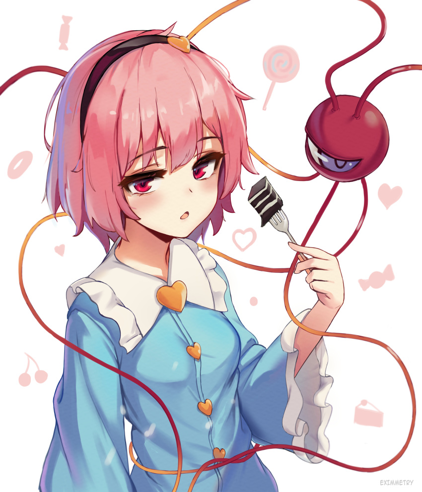 absurdres artist_name bangs black_hairband blue_shirt candy cherry commentary eximmetry food fork fruit hair_ornament hairband heart heart_hair_ornament highres holding holding_fork komeiji_satori lollipop long_sleeves looking_at_viewer mixed-language_commentary open_mouth pink_hair red_eyes shirt short_hair swirl_lollipop third_eye touhou upper_body white_background wide_sleeves wrapped_candy