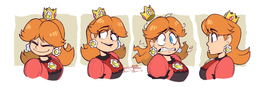 1girl alternate_color annoyed clenched_teeth crown dress earrings expressions from_side gogomrdodo highres jewelry looking_to_the_side mario_(series) orange_hair princess_daisy red_dress smile solo super_smash_bros. teeth upper_body