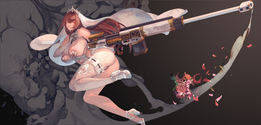 1girl absurdres anti-materiel_rifle areolae ass bangs breasts brown_hair dress elbow_gloves gloves gun hair_between_eyes high_heels highres large_breasts last_origin long_hair looking_at_viewer rifle royal_arsenal see-through sniper_rifle solo thighhighs tsunekun veil weapon white_gloves