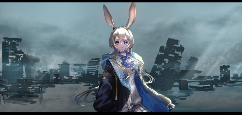 1girl amiya_(arknights) animal_ears arknights ascot blue_coat blue_eyes brown_hair closed_mouth cloud cloudy_sky coat commentary_request expressionless highres letterboxed long_hair looking_at_viewer nanaponi open_clothes open_coat ponytail purple_neckwear rabbit_ears ribbed_sweater ruins sky solo sweater upper_body white_sweater