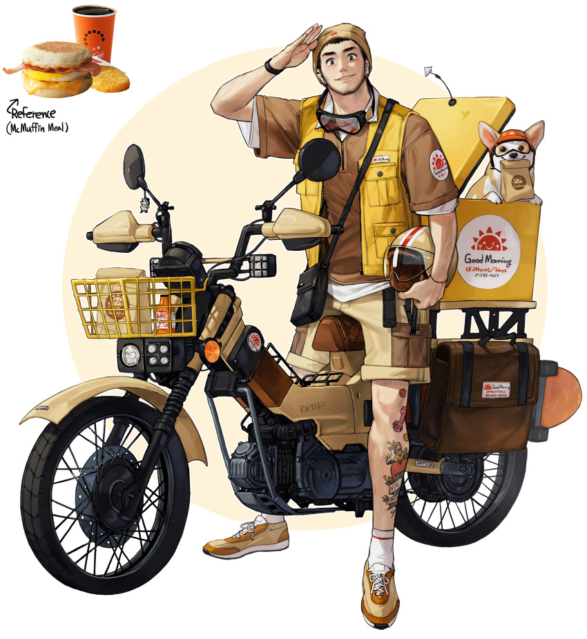 1boy absurdres arm_up breakfast brown_footwear brown_shirt collared_shirt delivery dog food goggles goggles_around_neck ground_vehicle helmet highres holding holding_helmet looking_at_viewer motor_vehicle motorcycle original parted_lips rinotuna salute sandwich shirt shoes short_sleeves shorts smile solo tattoo vest white_shirt yellow_vest