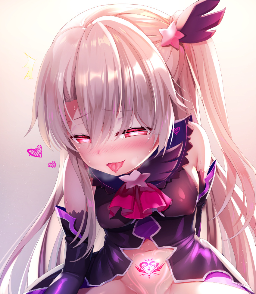 1girl :q absurdres ascot bare_shoulders blonde_hair blush breasts breath commentary_request corruption covered_nipples dark_persona elbow_gloves eyebrows_visible_through_hair fate/grand_order fate/kaleid_liner_prisma_illya fate_(series) gloves gradient gradient_background hair_between_eyes hair_ornament heart heart-shaped_pupils heart_tattoo highres illyasviel_von_einzbern long_hair looking_at_viewer medium_breasts mvv naughty_face navel no_panties nose_blush open_mouth out-of-frame_censoring prisma_illya pubic_tattoo red_eyes side_ponytail simple_background smile solo spread_legs star_(symbol) star_hair_ornament sweat symbol-shaped_pupils tattoo testament_(fate) tongue tongue_out very_long_hair