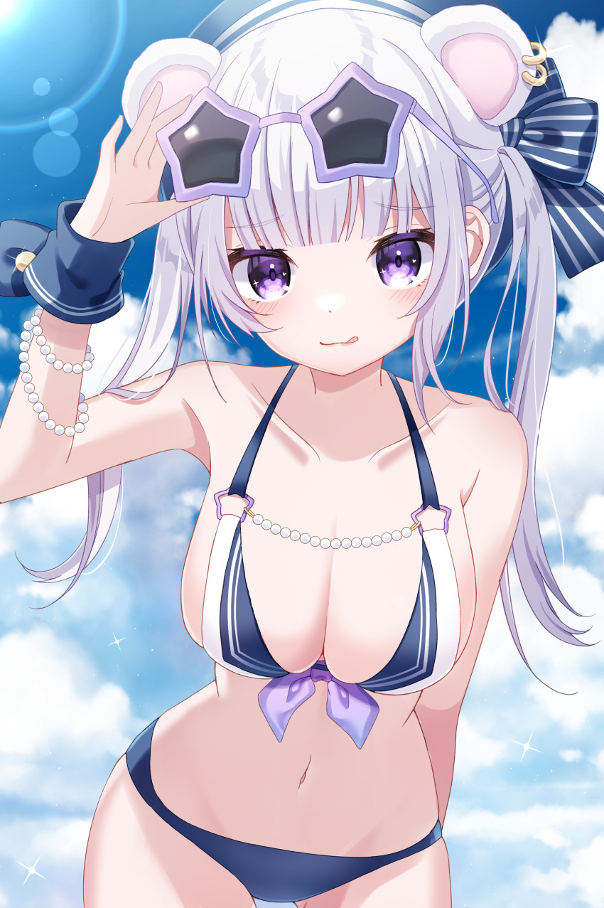 1girl :3 :q absurdres animal_ears arm_up armpits bare_shoulders beret bikini blue_bikini bow breasts cleavage collarbone cowboy_shot extra_ears eyewear_on_head front-tie_bikini front-tie_top hair_bow halterneck hand_on_eyewear hat highres large_breasts long_hair looking_at_viewer mismatched_bikini mouse_ears navel original purple_eyes sailor_bikini sailor_collar sapphire_(sapphire25252) sidelocks smile solo star-shaped_eyewear stomach sunglasses swimsuit tongue tongue_out twintails white_bikini white_hair wrist_cuffs